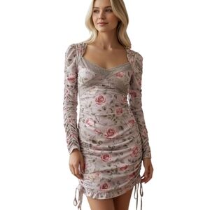Current Mood Garden Hideaway Floral Lace Ruched Mini Dress Gray Pink XS NWT